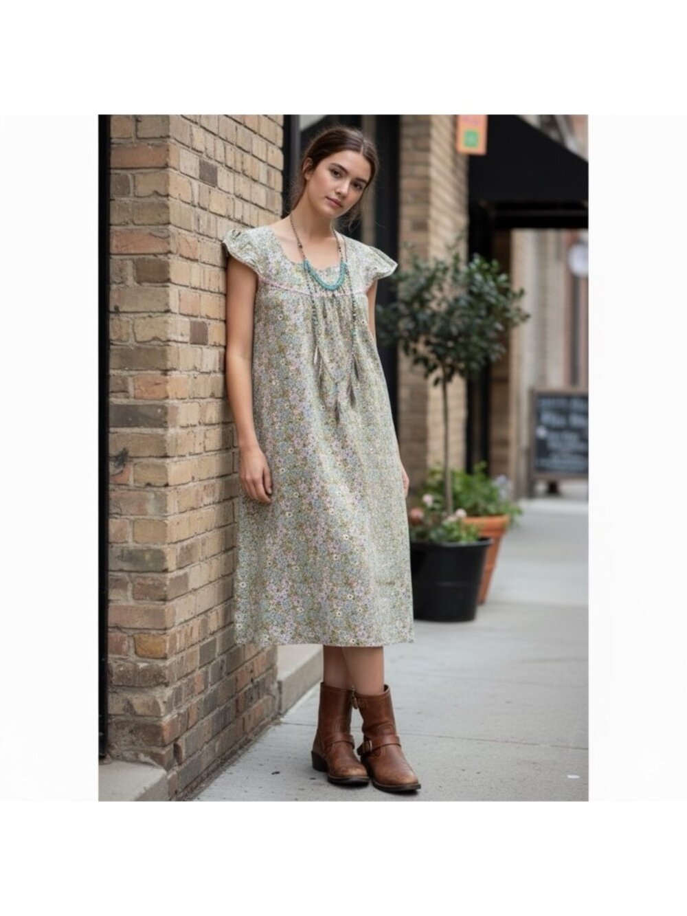 Vintage Floral Cotton Nightgown Dress w/ Cap Sleeves - Small